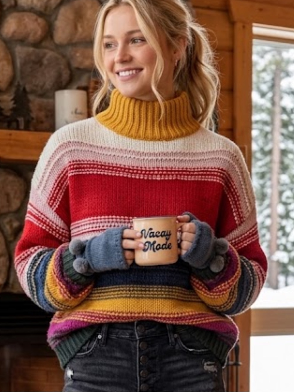 Color Vibes Striped Chunky Knit Mock Neck Sweater XS